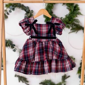 EUC Puff Sleeve Plaid Tulle Dress with Bows BUMS & ROSES, size 3-6 months